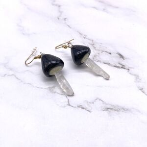 Black Mushroom Quartz Crystal Dangle wire hook earrings
